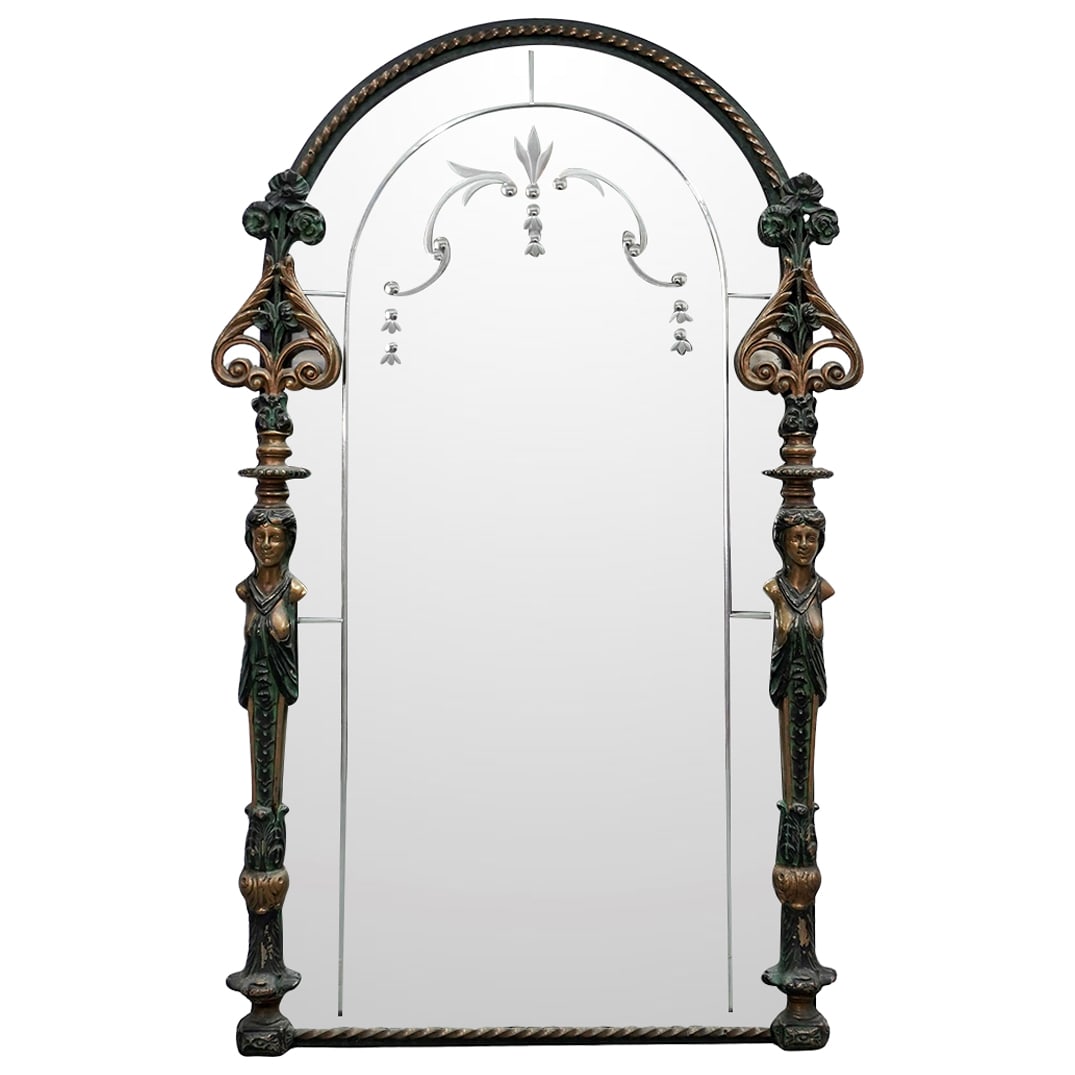 Antique Cast Iron Art Nouveau Style Etched Arched Mirror (1 of 6)
