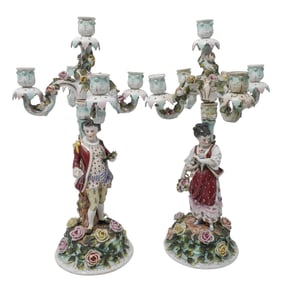Pair of Sitzendorf Porcelain Courting Figural Candelabras