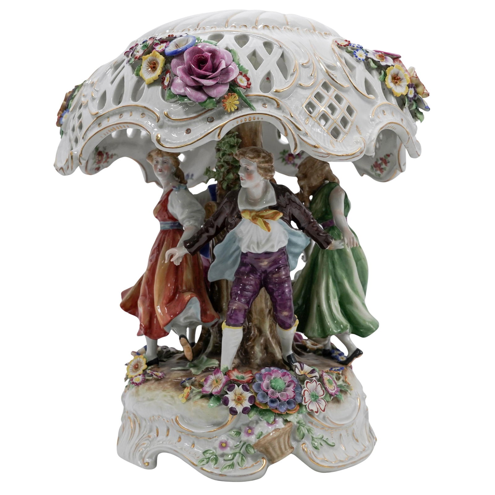 Von Schierholz German Porcelain Table Lamp: Von Schierholz German Porcelain Table LampEarly 20th c., GermanyAntique hand-painted porcelain figural grouping featuring four people holding hands and dancing around a tree trunk surrounded by flower