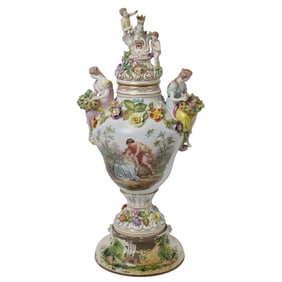German Dresden Style figural Large Vase with illustrated, painted wooden base.