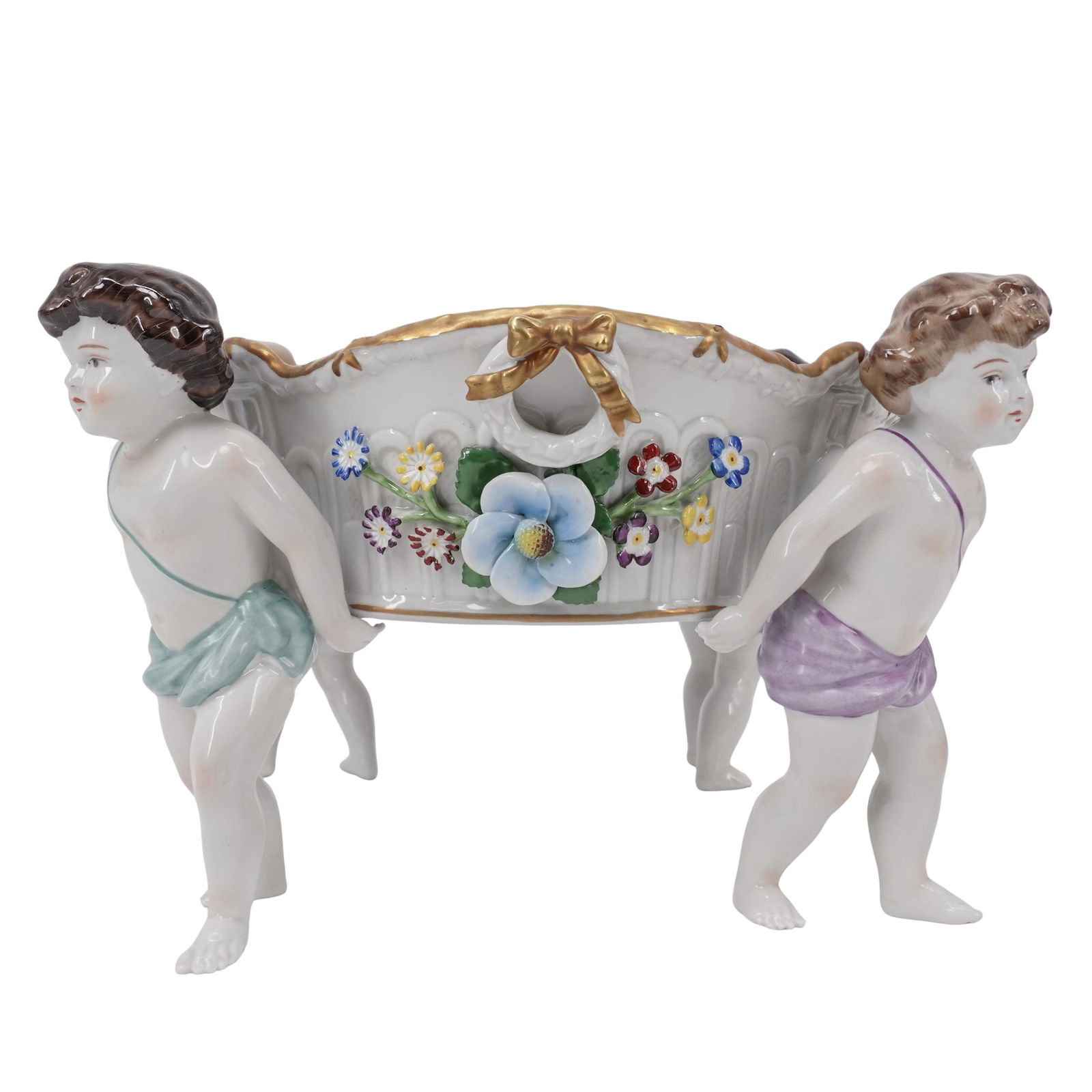 Antique German figural Porcelain Cherub Vase by Von Schierholz: Antique German figural Porcelain Cherub Vase by Von Schierholz20th century , GermanyAntique German figural Porcelain Cherub Vase by Von Schierholz . Large footed centerpiece bowl is decorated with fig