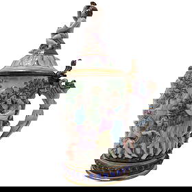 Large Capodimonte Italian Porcelain Lidded Tankard: Large Capodimonte Italian Porcelain Lidded Tankard20th century , ItalyCapodimonte Italy Porcelain Lidded Tankard is decorated in relief with scenes of mythological figures ladies and cherubs. The hand