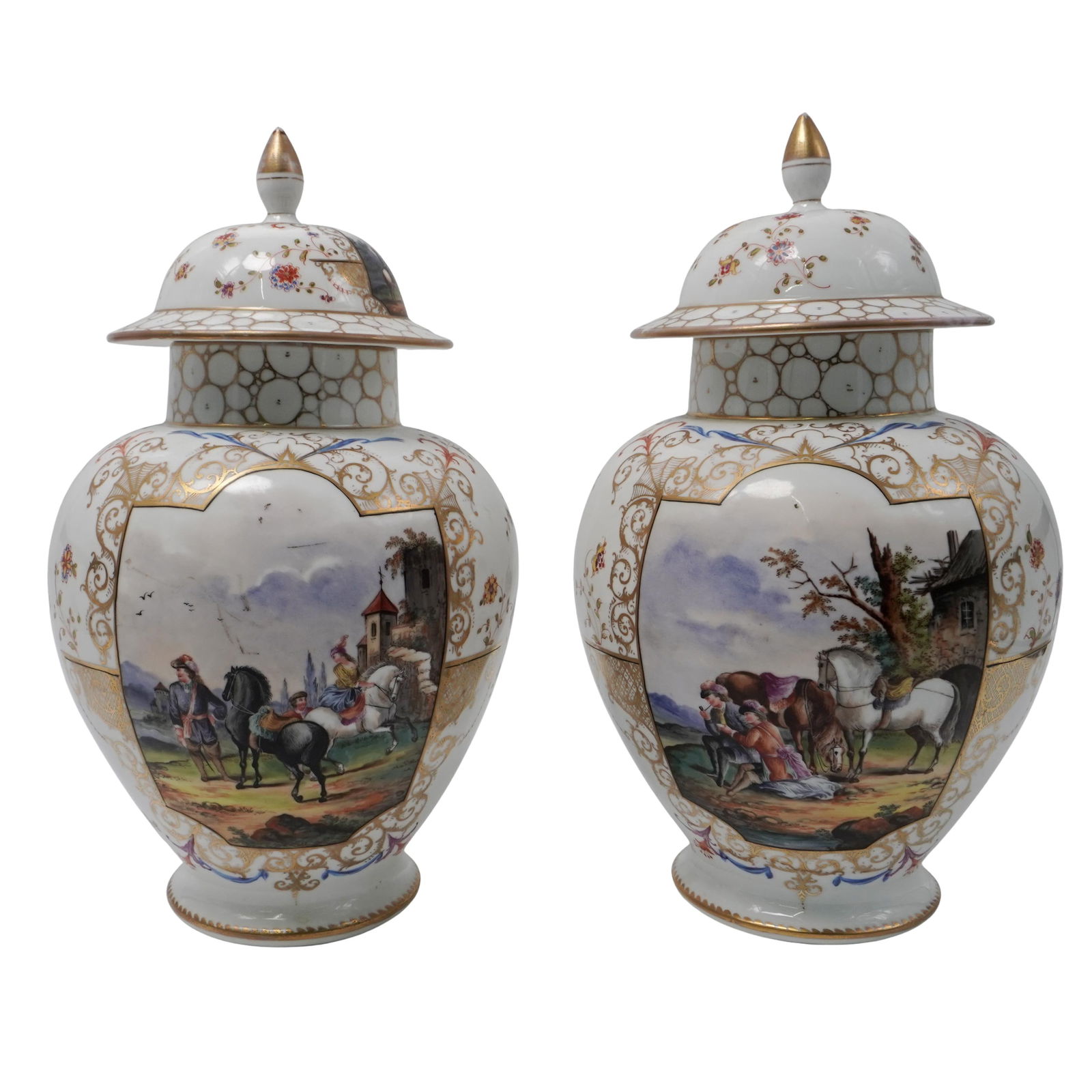 Pair of Helena Wolfsohn Dresden Porcelain Jars: Pair of Helena Wolfsohn Dresden Porcelain Jars19th century, GermanyA pair of Helena Wolfsohn Dresden porcelain lidded jars or vases with hand-painted illustrations of figures with horses. Gilt decorat