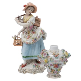 (2 Pc) Sitzendorf Porcelain Figurine and Vase