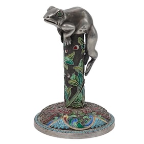 Russian Faberge Era Silver and Enamel Frog Sculpture