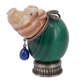 Russian Faberge Era Silver Mounted Malachite and Jasper Pig