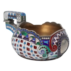 Imperial Era Russian Silver and Enamel Kovsh