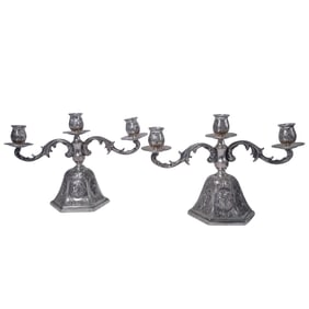 Pair of German Floral Embossed Hanau 800 Silver Candelabras