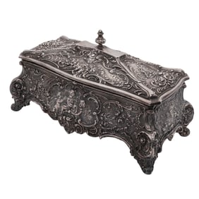 Antique Floral Cherub Repousse Silver Bronze Casket Box
