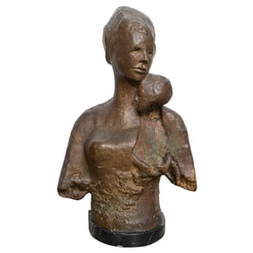 Signed Large Bronze Sculpture of a Mother and Child