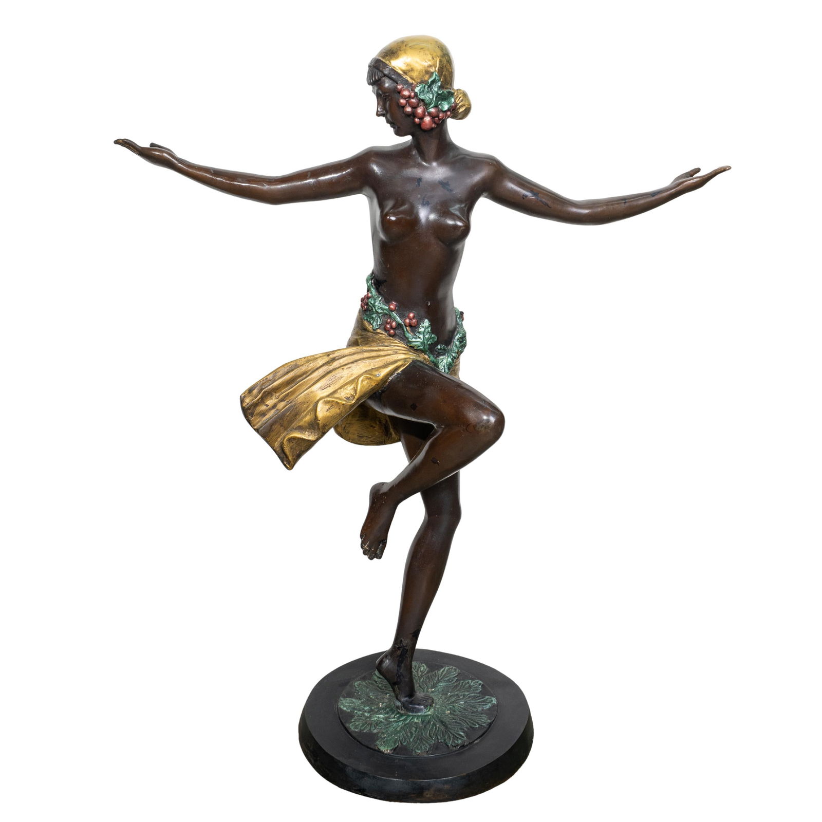 Large Art Deco Style Dancer in the Manner of Auguste Moreau: Large Art Deco Style Dancer in the Manner of Auguste Moreau20th century, ContinentalA large Art Deco style bronze female nude dancer in the manner of sculpture by Auguste Moreau. Features hand-painted