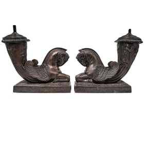 Pair of Cast Bronze Griffin Table Lamps