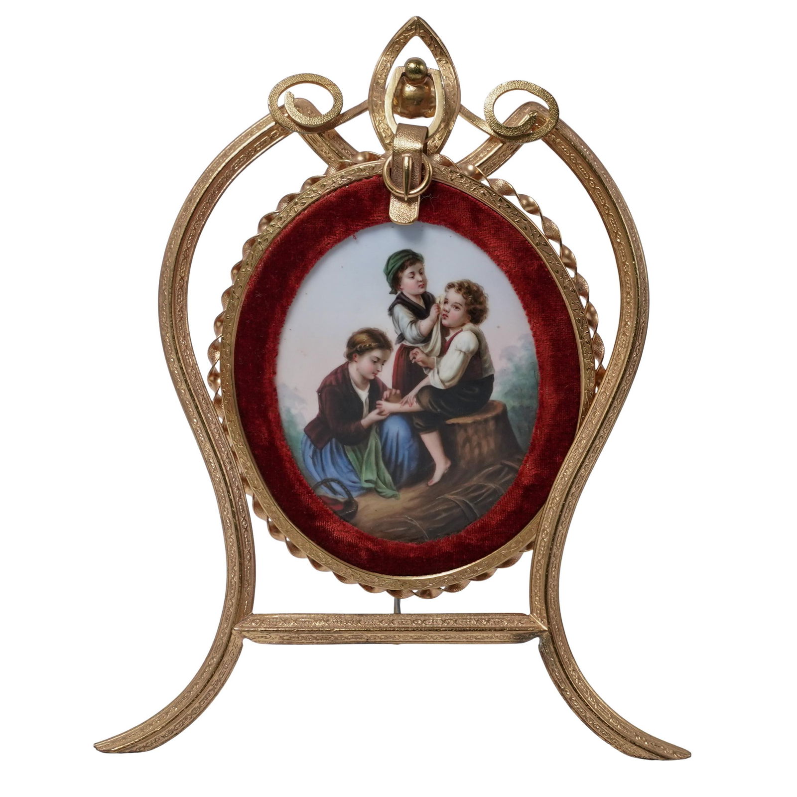 KPM Style Porcelain portrait Porcelain Plaque in Ornate Gilded bronze frame: KPM Style Porcelain portrait Porcelain Plaque in Ornate Gilded bronze frame20th century, GermanyKPM Style Porcelain portrait Porcelain Plaque in Ornate Gilded Bronze Hanging frame.It has faint blue un