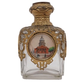 Antique Glass and Bronze Perfume Bottle w/ Hand Painted Scenes