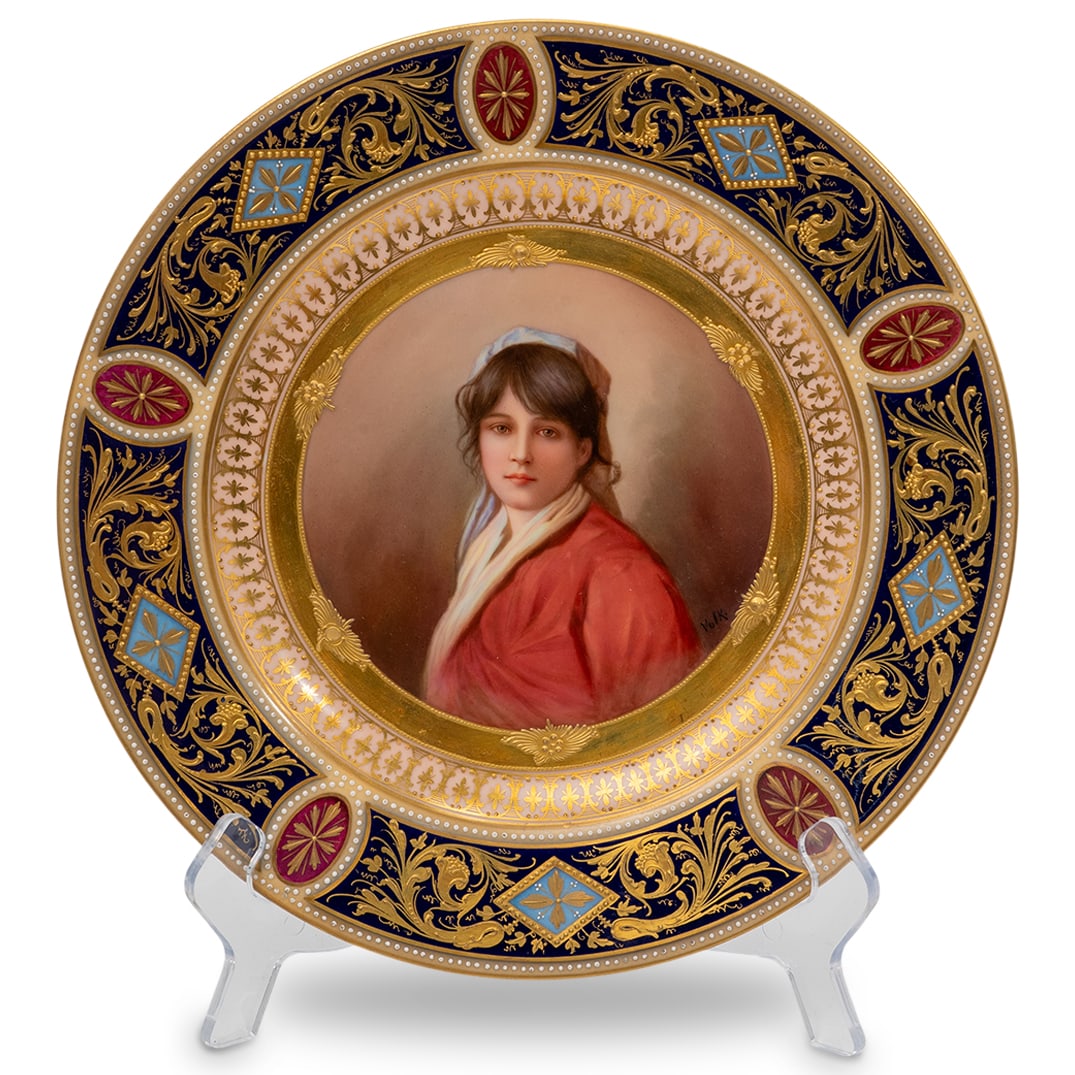 Signed "Volk" Royal Vienna "Peppina" Cobalt and Gilt Porcelain Portrait Plate (1 of 6)