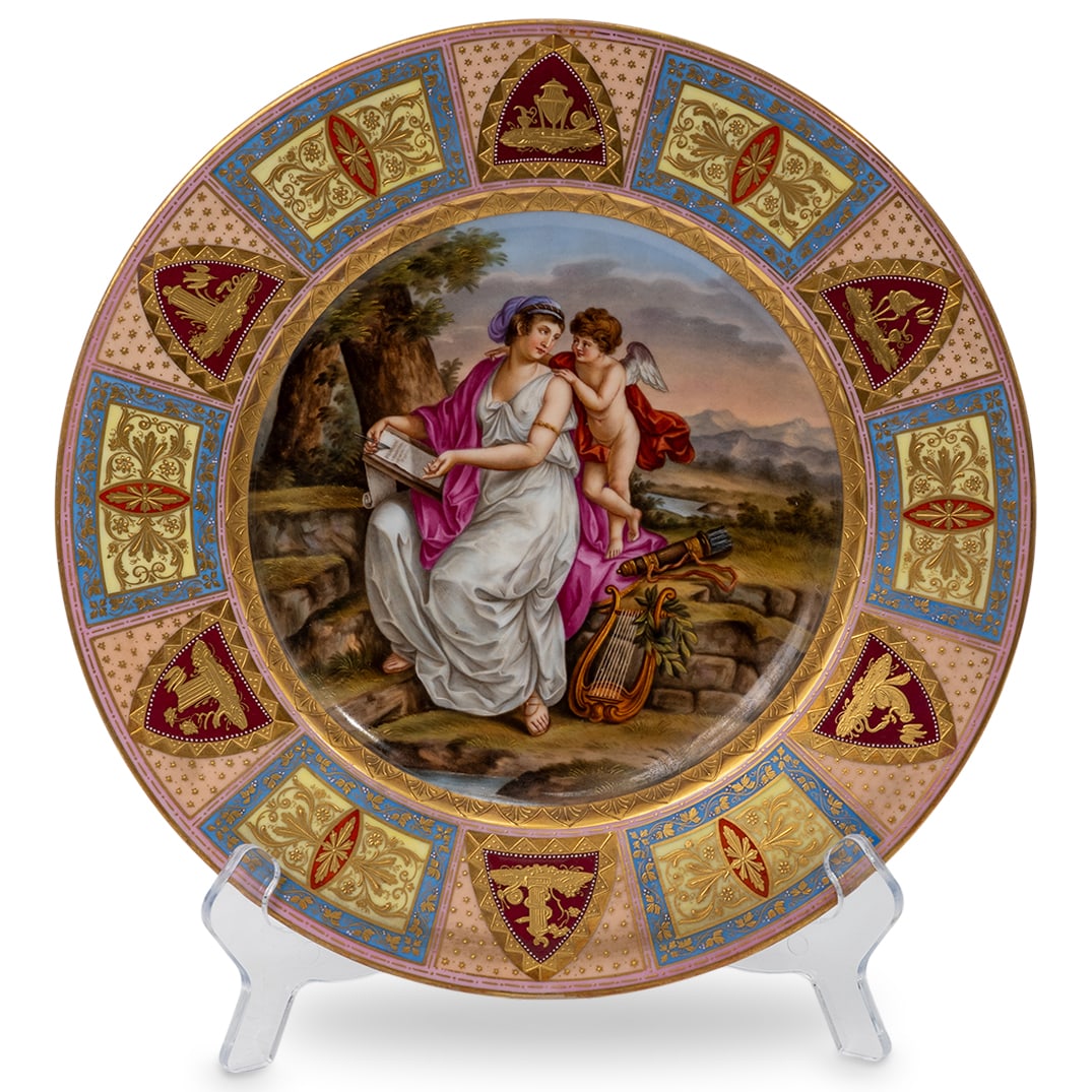 Royal Vienna "Sappho" Gilt Porcelain Portrait Plate: Royal Vienna "Sappho" Gilt Porcelain Portrait Plate Late 19th-early 20th century, Austria Royal Vienna gilt porcelain plate. Features pink border with ornate gilt decorative accents and Neoclassical m