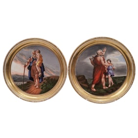 (2 pcs) Antique French Gilt Illustrated Porcelain Decorative Plates