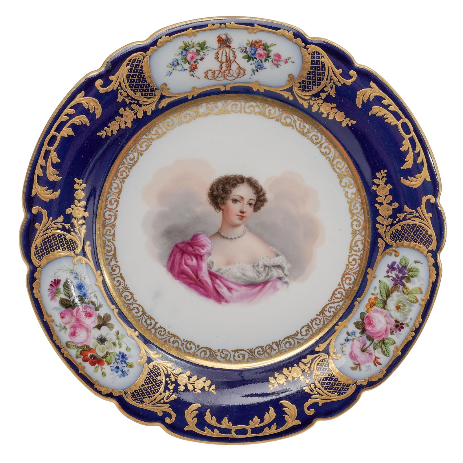 Signed Antique French Cobalt Blue and Gilt Porcelain Portrait Compote: Signed Antique French Cobalt Blue and Gilt Porcelain Portrait Compote19th century, FranceAntique French Cobalt compote with gild accents, displays a portrait with floral motifs. Marked along the under