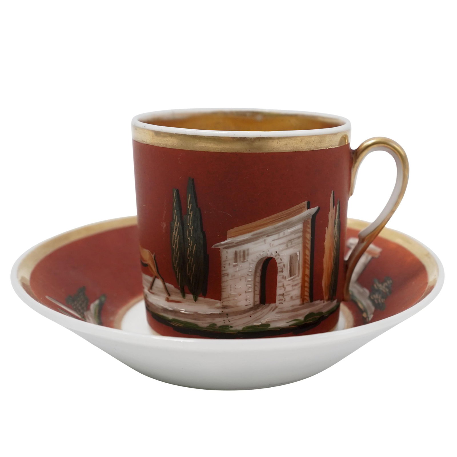 European Porcelain Demitasse Cup and Saucer: European Porcelain Demitasse Cup and Saucer Early 20th Cent.. European Porcelain demitasse cup and saucer featuring an orientalist landscape dining with gazelles and palms trees, accented by gilded de