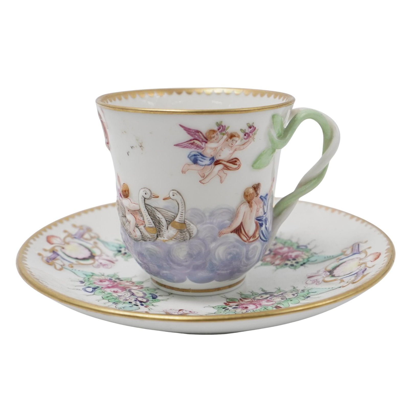 Richard Ginori Porcelain Cup and Saucer: Richard Ginori Porcelain Cup and Saucer 20th Cent, Italy A finely hand-painted Richard Ginori porcelain cup and saucer featuring cherubs among clouds and swans in a neoclassical style, surrounded by f