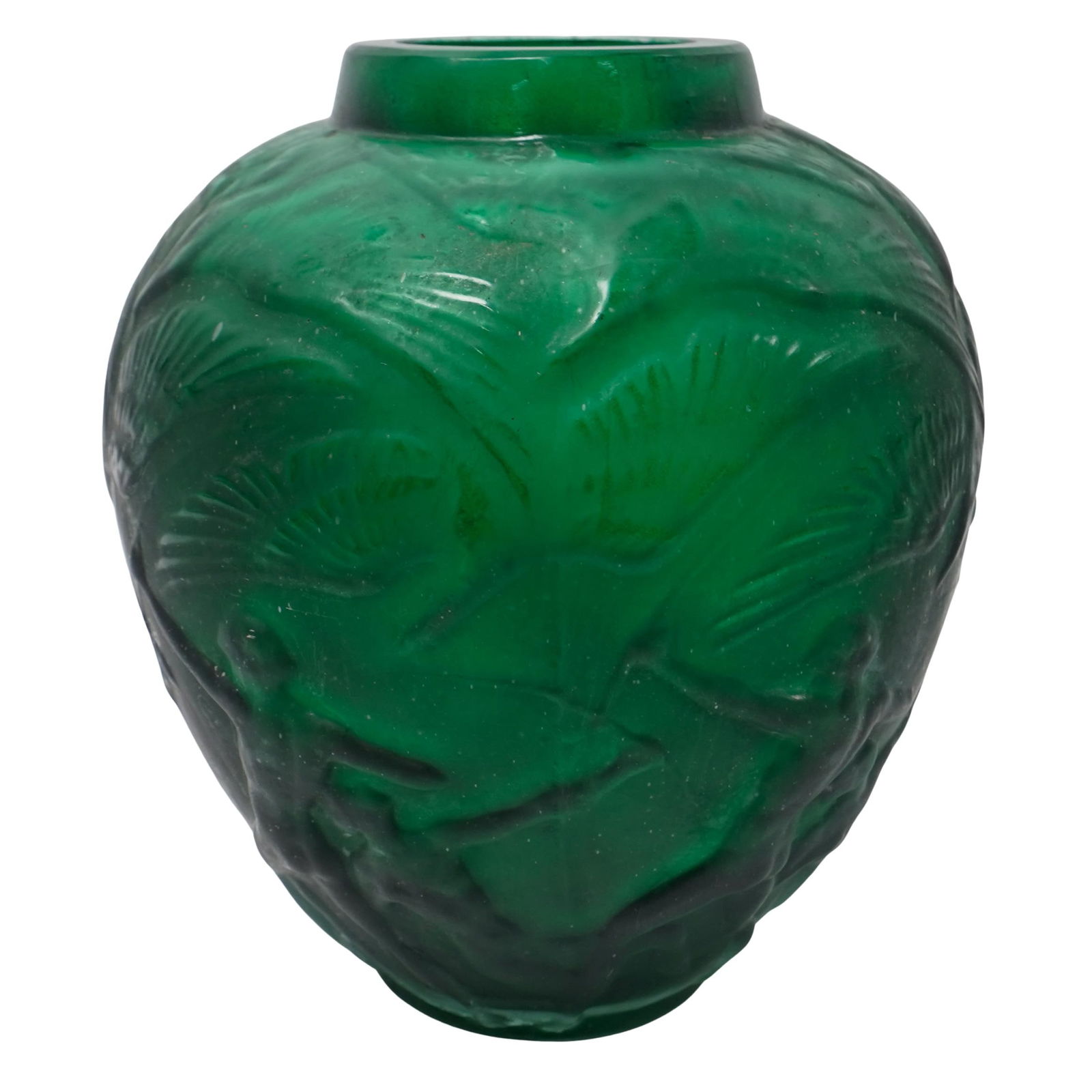 Rene Lalique Style "Archers" Green Moulded Glass Vase (1 of 6)