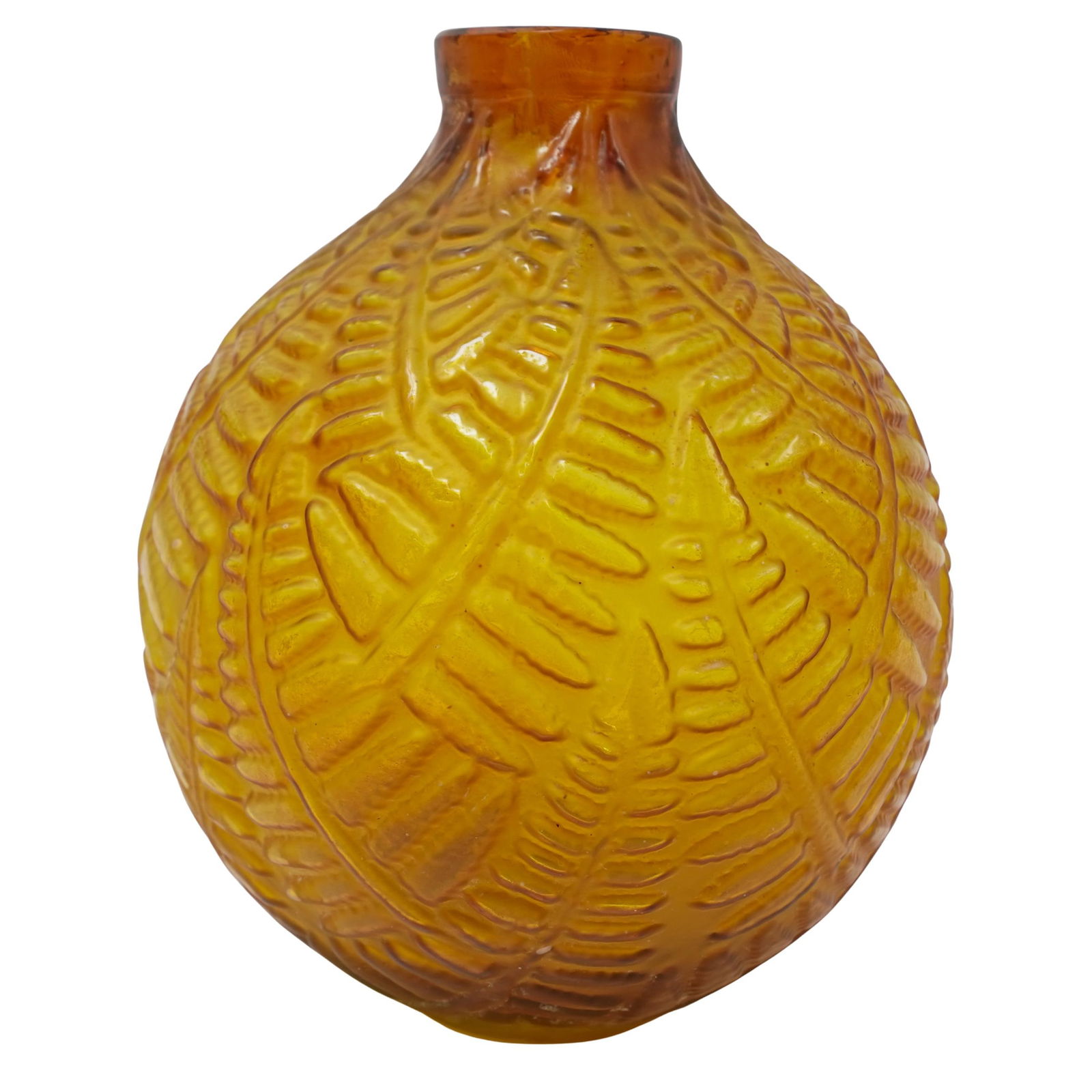 Rene Lalique Style Amber Glass Vase: Rene Lalique Style Amber Glass Vase20th Cent. ContinentalAn exquisite amber glass vase, model Moisson (meaning Harvest), featuring a rounded body molded in high relief with interlacing wheat or leaf m