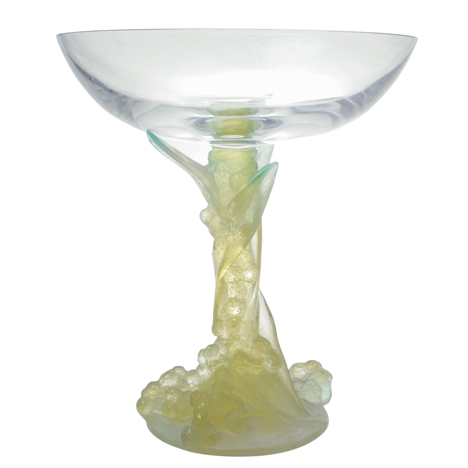 Daum Crystal Pate De Verre Compote: Daum Crystal Pate De Verre Compote21st Cent. FranceThis is a Daum crystal pâte de verre glass with a yellow-green base that features an organic, textured design. The bowl is clear, highlighting the i