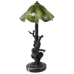 Signed "Roget" French Art Nouveau Bronze Drummer Lamp w/ Art Glass Shade