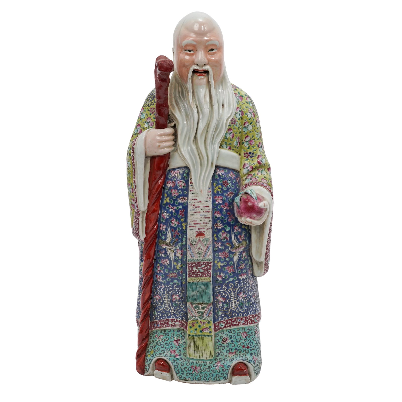 Chinese Hand Painted Famille Rose Porcelain Shou Lao: Chinese Hand Painted Famille Rose Porcelain Shou Lao 20th century, China A Chinese hand-painted famille rose designed porcelain Shou Lao statue. Shou Lao is the Chinese God of Longevity, depicted as a