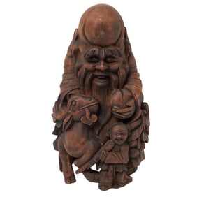 Signed Chinese Wooden Shou Lao Figure