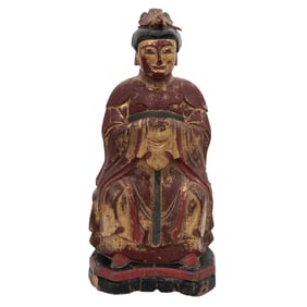 Antique Chinese Polychrome Lacquered Wooden Ancestral Figure