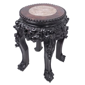 Chinese Carved Wood and Marble Inlay Tabletop Stand