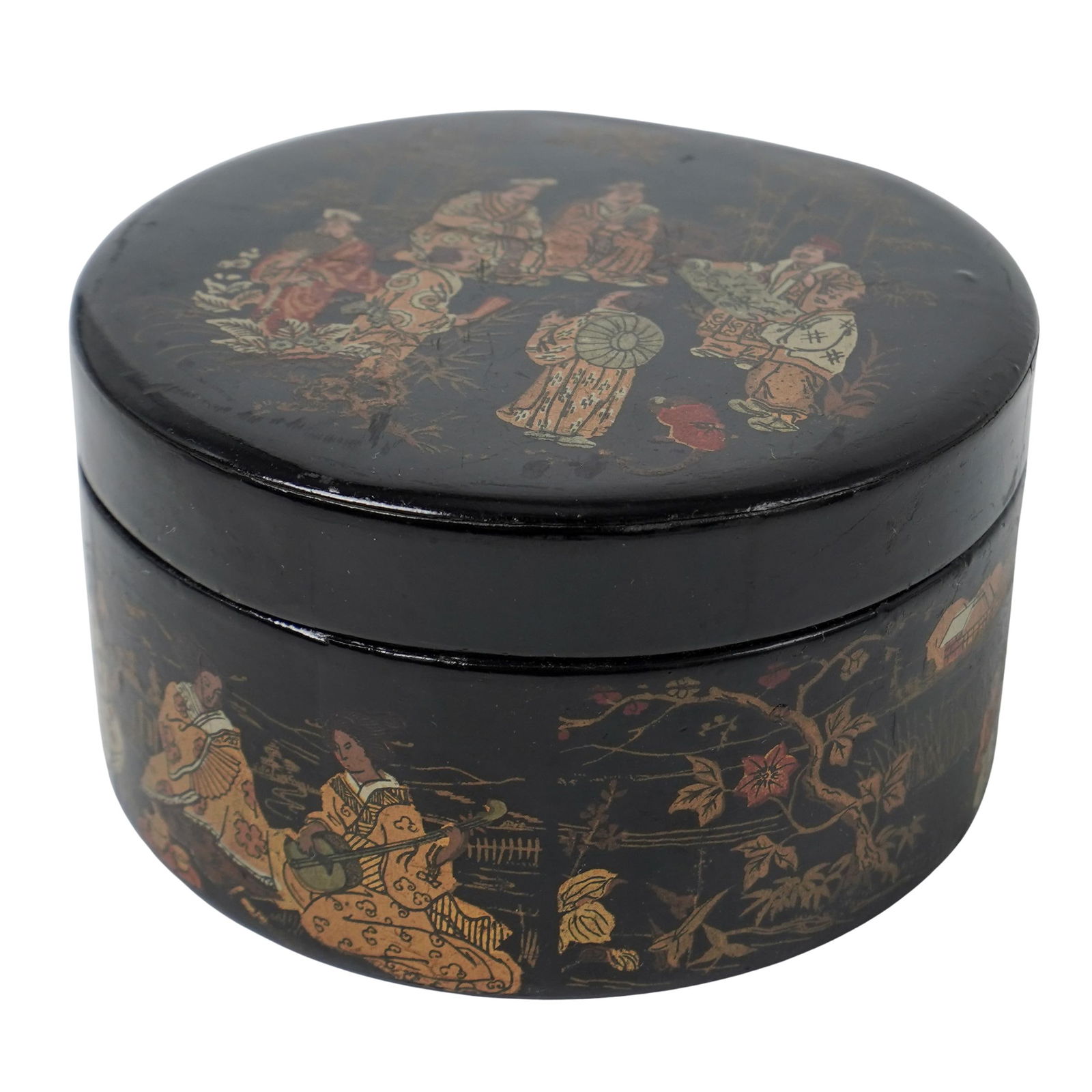 Antique Signed Japanese Black Lacquered Round Box (1 of 6)