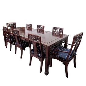 (9 pcs) Chippendale Chinoiserie Rosewood Dining Table and Chairs
