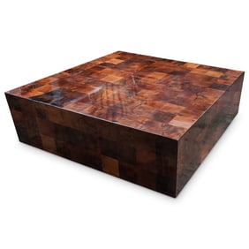 Marked "GG" Mid Century Burl Wood and Glass Square Coffee Table