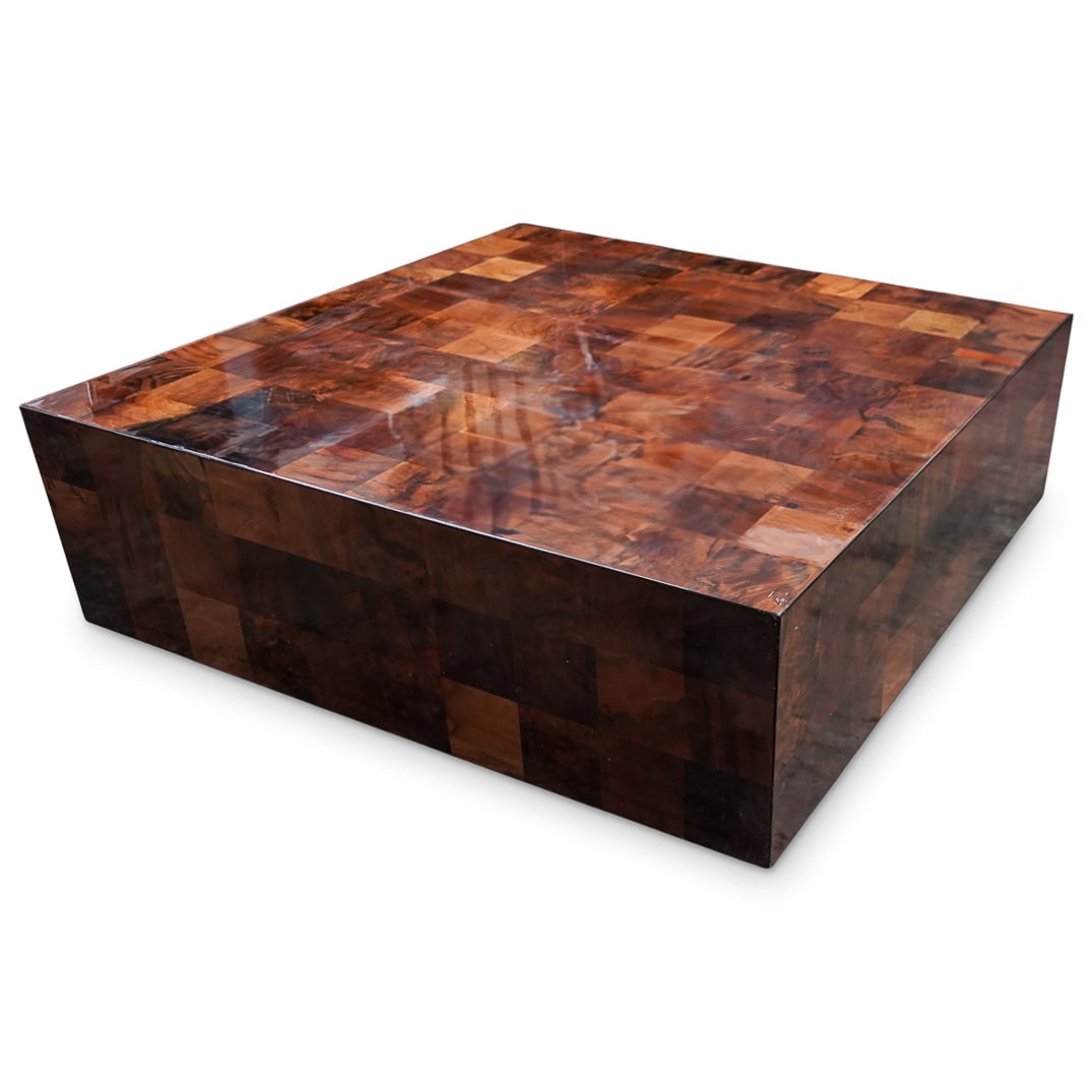 Marked "GG" Mid Century Burl Wood and Glass Square Coffee Table (1 of 6)