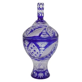 Vintage Bohemian Cut Cobalt Glass Urn