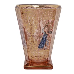 Antique Neoclassical Hand Painted & Gilded Pink Glass Vase