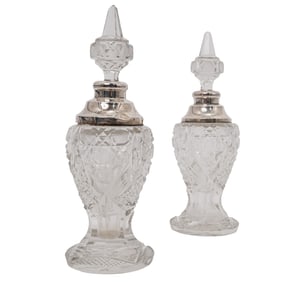 Pair of English Cut Glass & Sterling Perfume Bottles