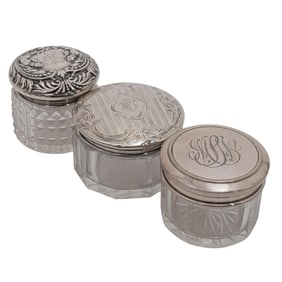 (3 pcs) Sterling Silver and Glass Vanity Jars