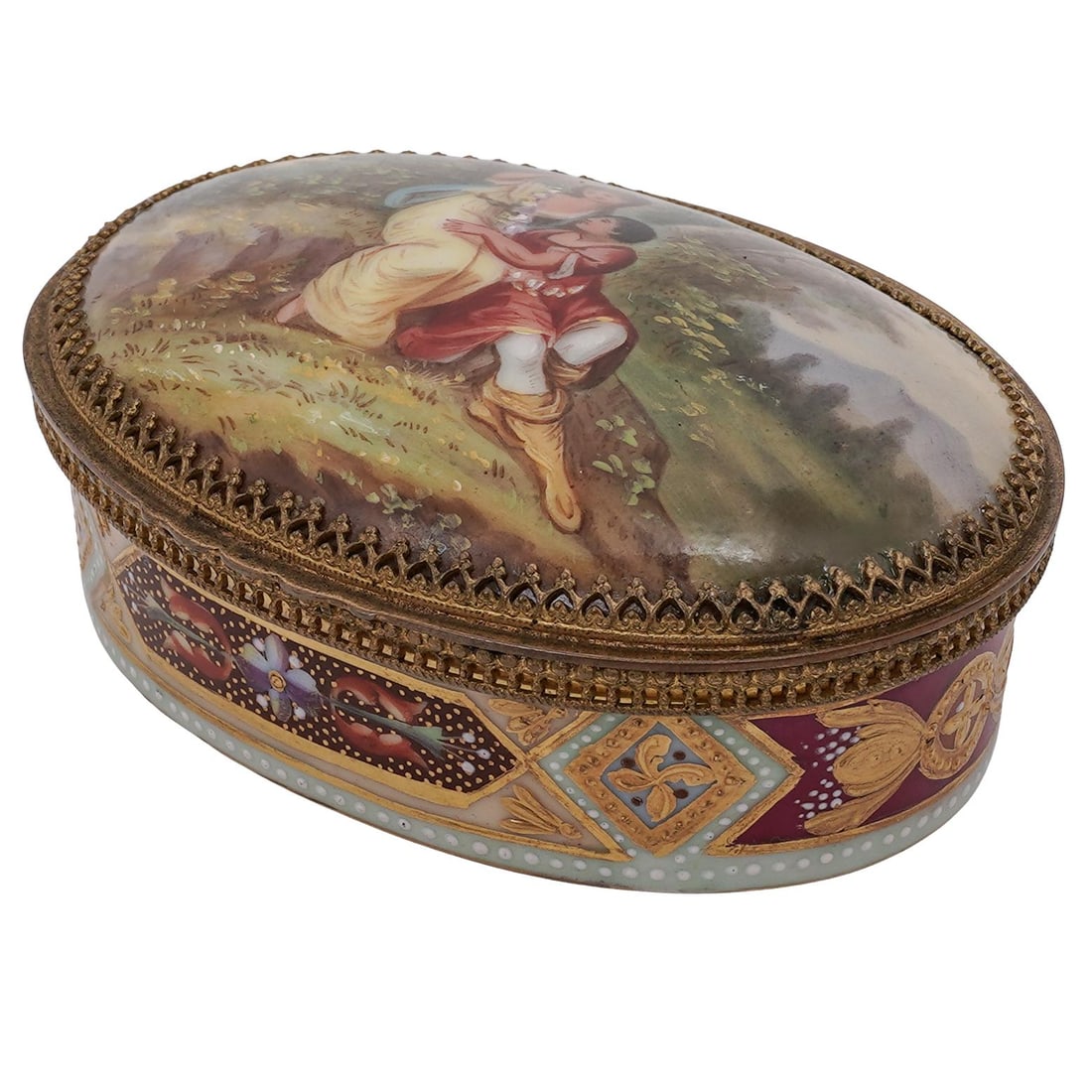 Antique French Enameled Courting Scene Porcelain Trinket Box (1 of 9)