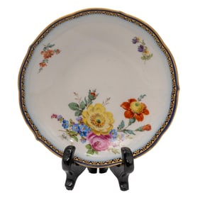Meissen Porcelain Floral Dish w/ Gilt Cobalt Rim