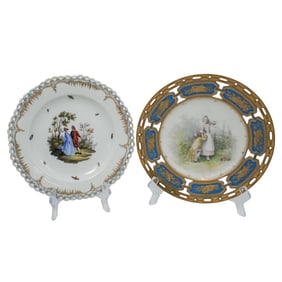 (2 pcs) KPM & German Reticulated Porcelain Courting Scene Plates