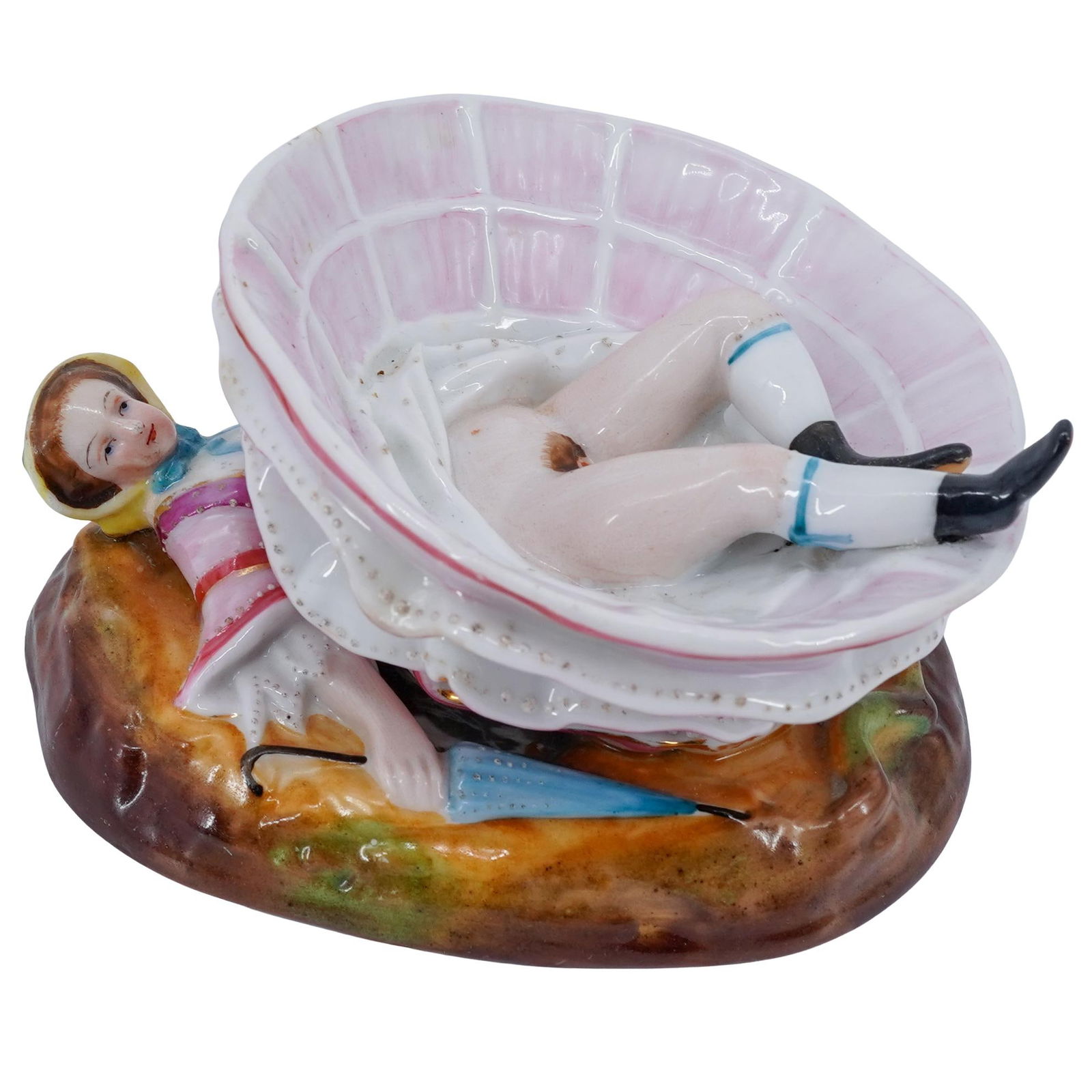 Antique Russian Erotic Porcelain Figure: Antique Russian Erotic Porcelain FigureEarly 20th Cent, RussiaA finely modeled and hand-painted porcelain figural group in the manner of Russian or Continental factories, depicting a reclining figure