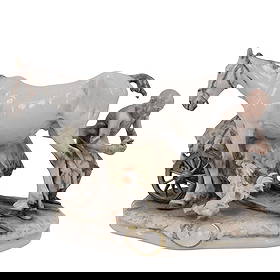 Giuseppe Cappe for Capodimonte Porcelain Group “Farrier with Horse: Giuseppe Cappe for Capodimonte Porcelain Group “Farrier with Horse”20th cent, ItalyA finely detailed Capodimonte porcelain group by Giuseppe Cappé, depicting a farrier shoeing a horse beside