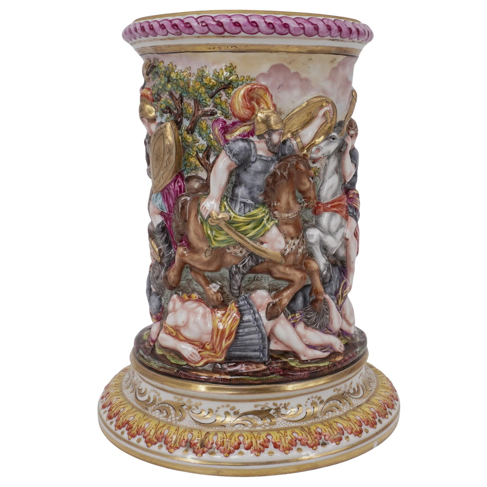 Capodimonte Deep Relief Porcelain Vase: Capodimonte Deep Relief Porcelain Vase20th Cent. Italy.Impressive Capodimonte porcelain vase.Hand-painted and modeled in high relief, depicting a dramatic classical battle scene with warriors, horses,
