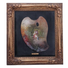 Signed "Dalla Roug" Courting Scene Oil on Artist's Palette Board