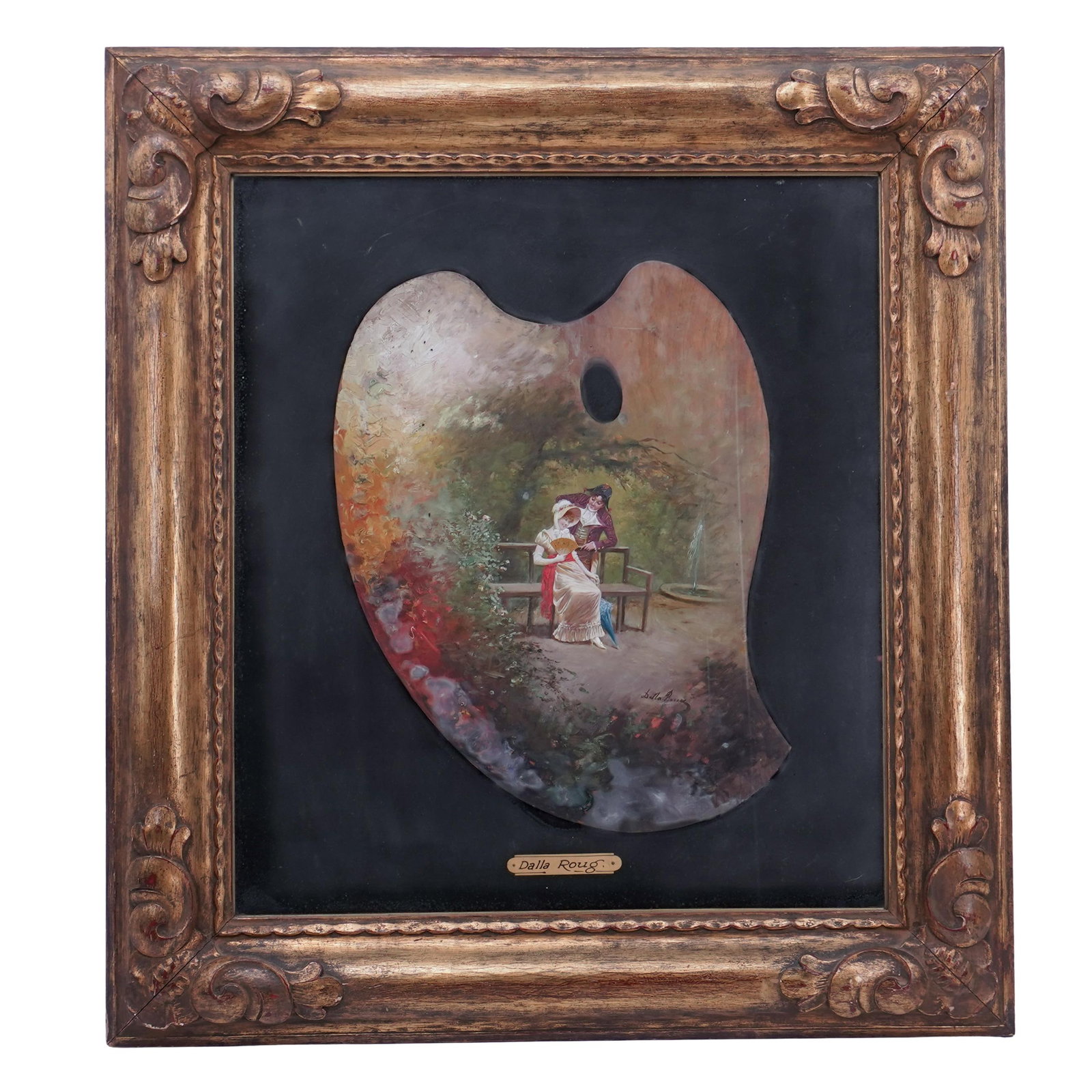 Signed "Dalla Roug" Courting Scene Oil on Artist's Palette Board: Signed "Dalla Roug" Courting Scene Oil on Artist's Palette Board Late 19th-early 20th century, European A courting scene hand-painted onto an artist's palette board and signed "Dalla Roug" in bottom c