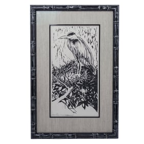 Signed Style of C.F. Tunnicliffe Woodblock Etching of a Heron Artist's Proof