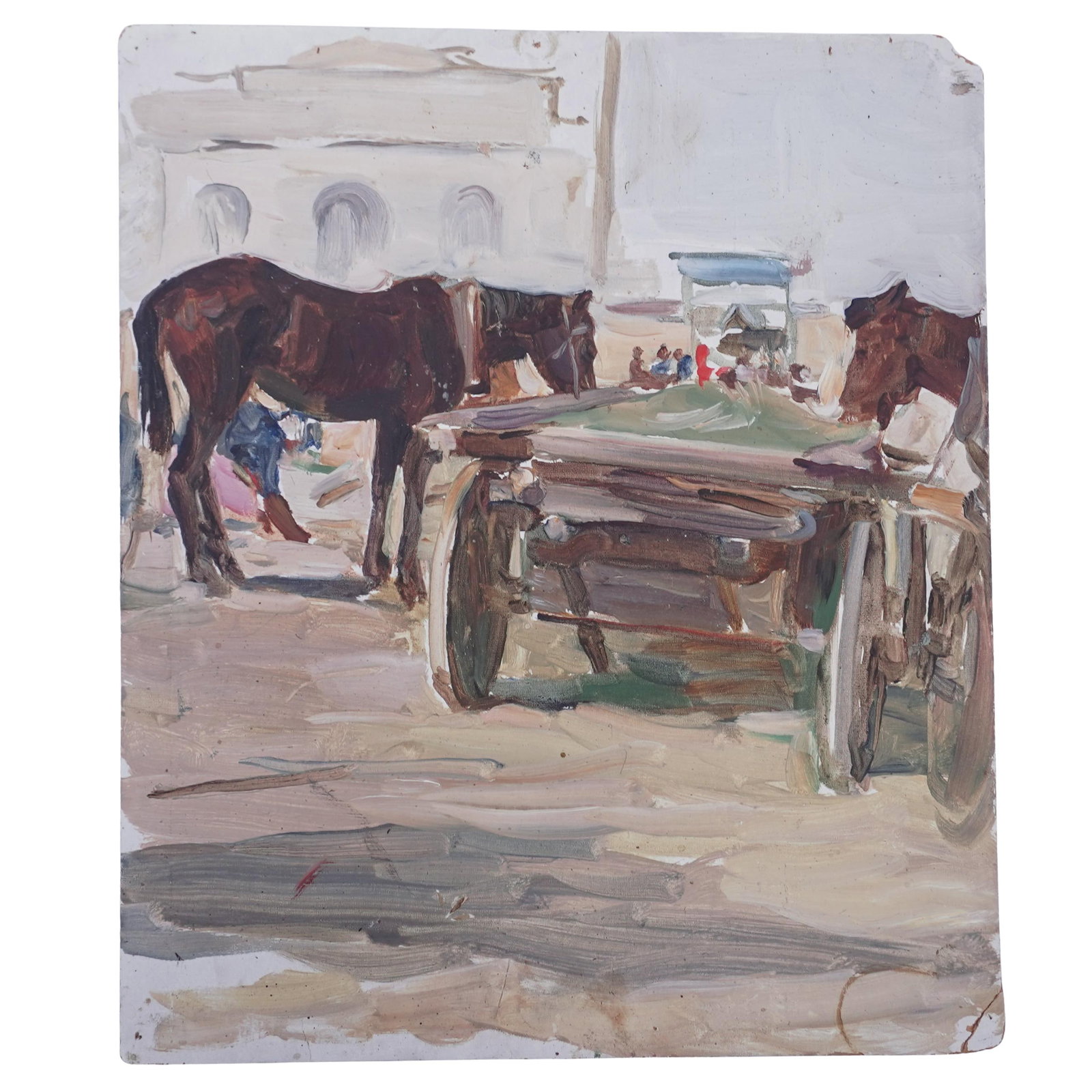 Lubov Rabinovich (Russian, 1907-2001) Acrylic on Canvas: Lubov Rabinovich (Russian, 1907-2001) Acrylic on Canvas 1953, Russian Lubov Rabinovich (Russian, b. 1907 d. 2001) acrylic on canvas painting of a city scene with horses and a cart. Signed on back in R